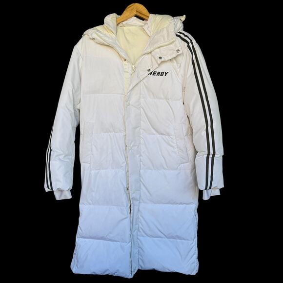 NERDY Coat Small White Long Hooded Down Puffer Parka Stripe Logo Full Zip - Picture 1 of 14